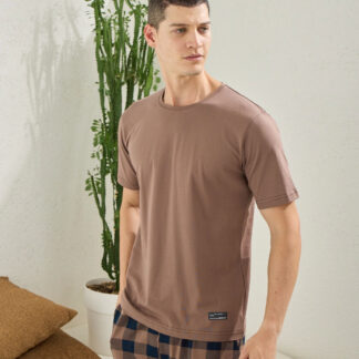 KLY Kısa Kollu Altı Kareli Capucina Rengi Yazlık Erkek Pijama Takımı