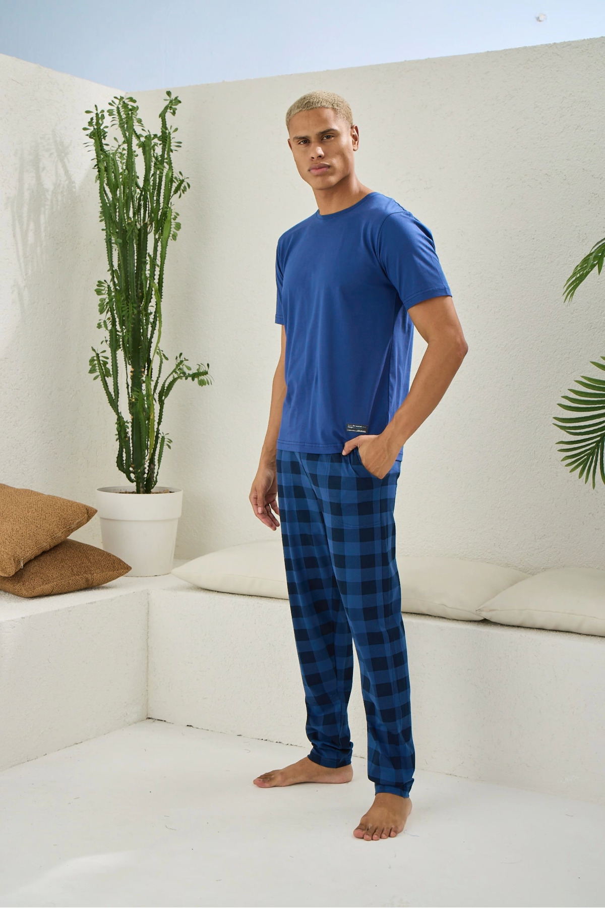 KLY Kısa Kollu Altı Kareli Capucina Rengi Yazlık Erkek Pijama Takımı - Görsel 2